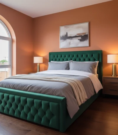 Heaven Green bed Upholstered Chesterfield Bed side view closeup