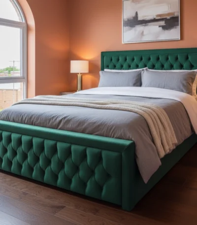 Heaven Green bed Uphulstored Chesterfield Bed side view closeup