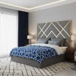 grey beds and mattress with gold strips