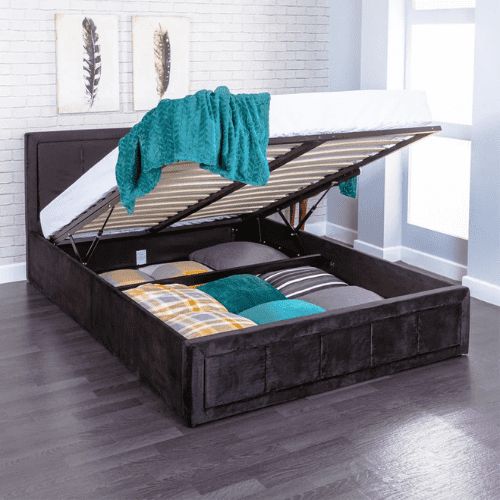 Plush Black Ottoman Gas Lift Fabric Storage Bed - Image 4