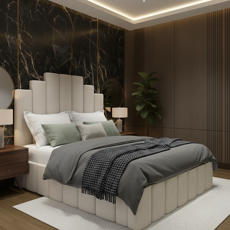 modern upholstered bed matching luxury bedroom interior design in UK home